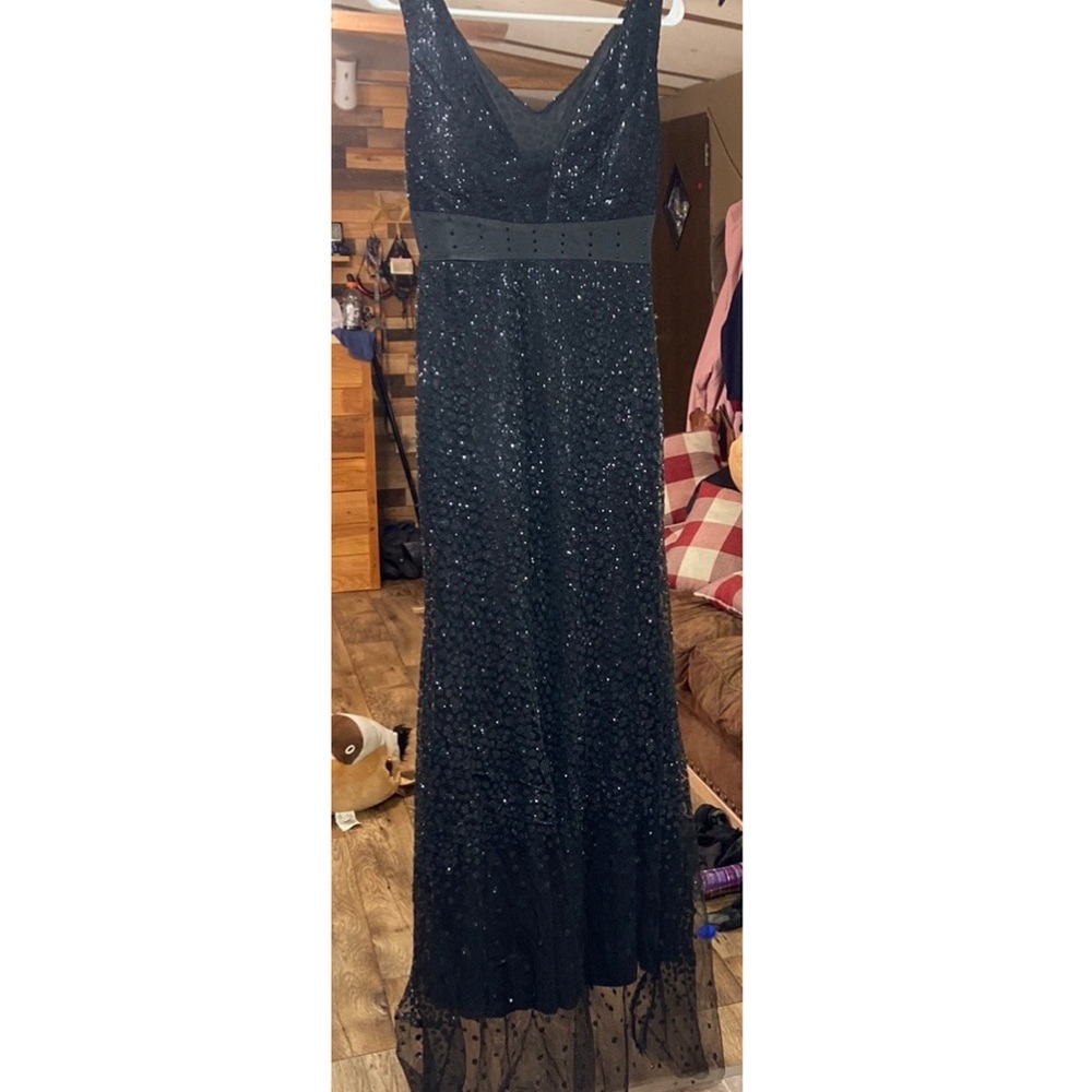 Floor length black glitter v neck gown size s
